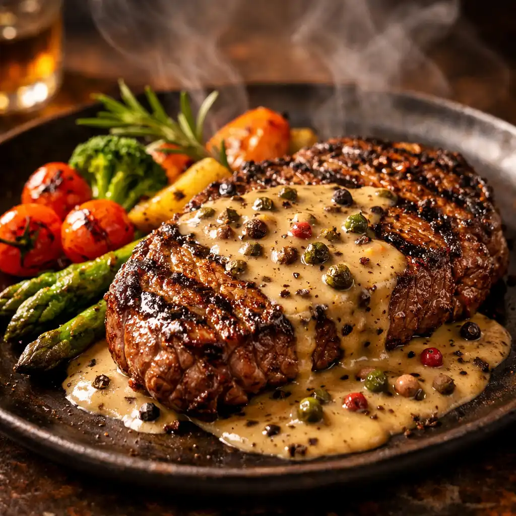 Grilovaný hovězí steak s pepřovou omáčkou a zeleninovou přílohou