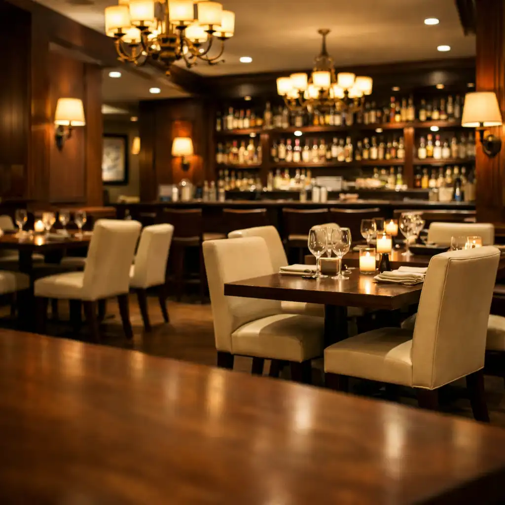 Interiér restaurace s tmavým dřevěným nábytkem, krémovými židlemi a barem v pozadí