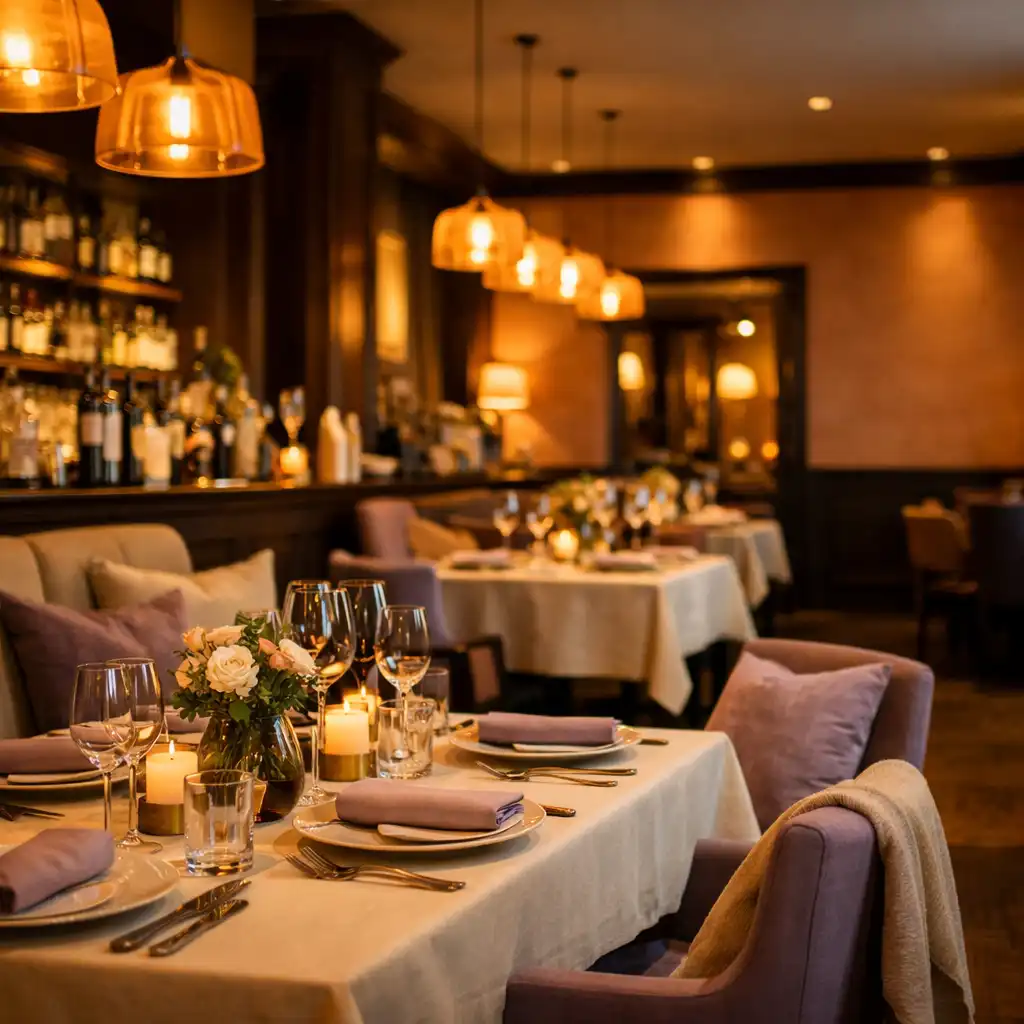 Elegantní interiér restaurace s tmavým dřevem a teplým osvětlením