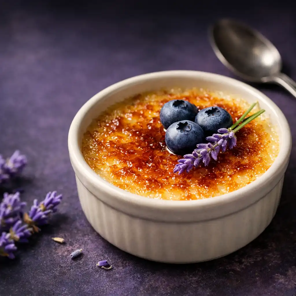 Levandulový crème brûlée s karamelizovanou krustou, borůvkami a levandulí