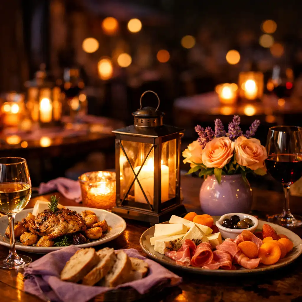 Atmosférický záběr večerní restaurace Večerní Zahrada s lucernami na stolech a jídlem v popředí