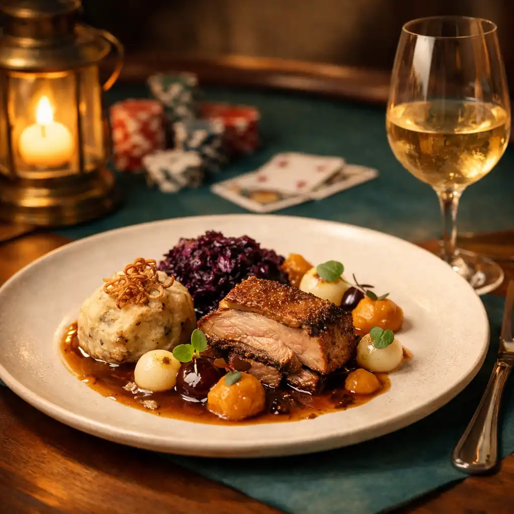 Elegantně naservírovaný pokrm se sklenicí vína v restauraci