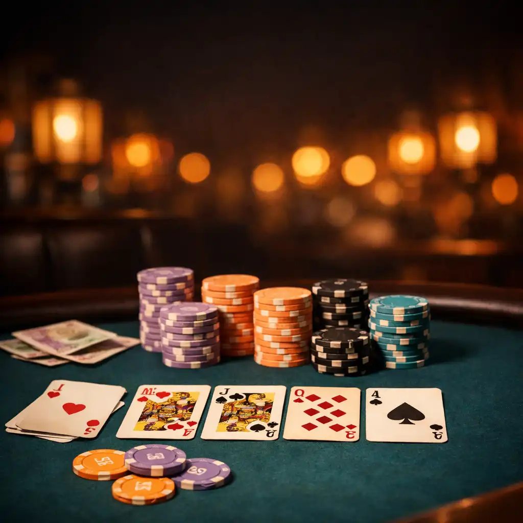 Pokerový stůl s kartami a žetony v teplém světle restaurace