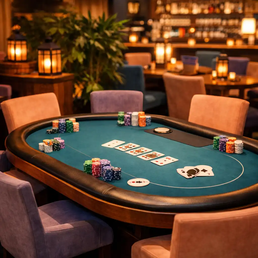 Interiér Poker Room s profesionálním pokerovým stolem a žetony