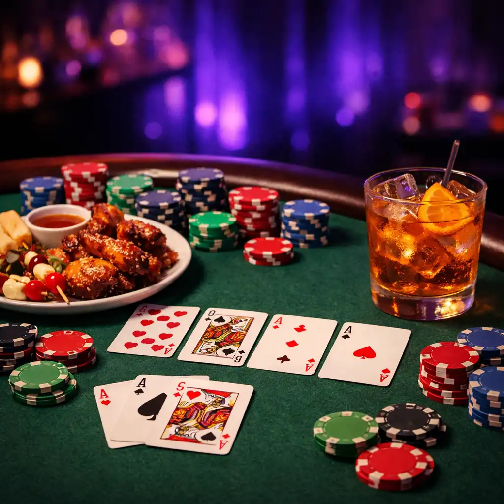 Pokerový stůl s kartami a žetony, vedle talíř s finger food a sklenice nápoje