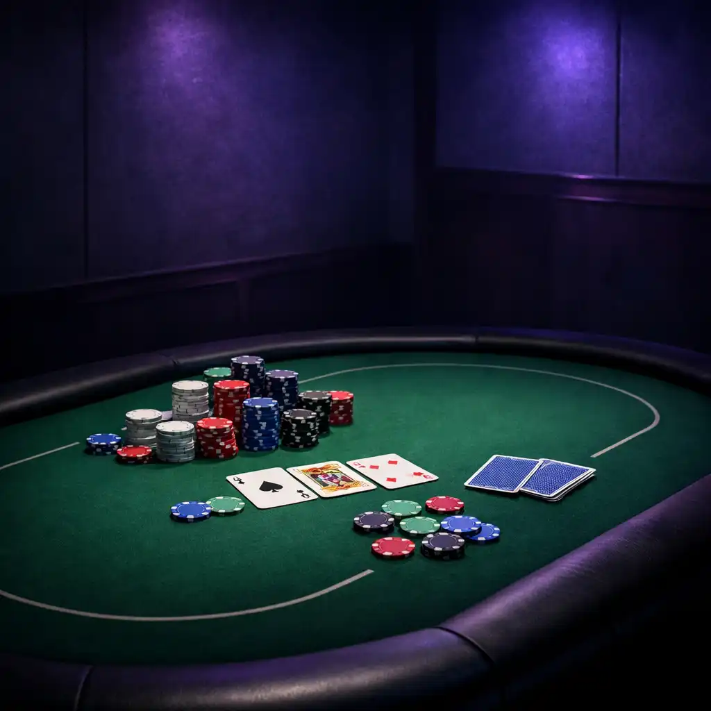 Pokerový stůl s zeleným plátnem, žetony a kartami v tmavé místnosti s levandulovým osvětlením