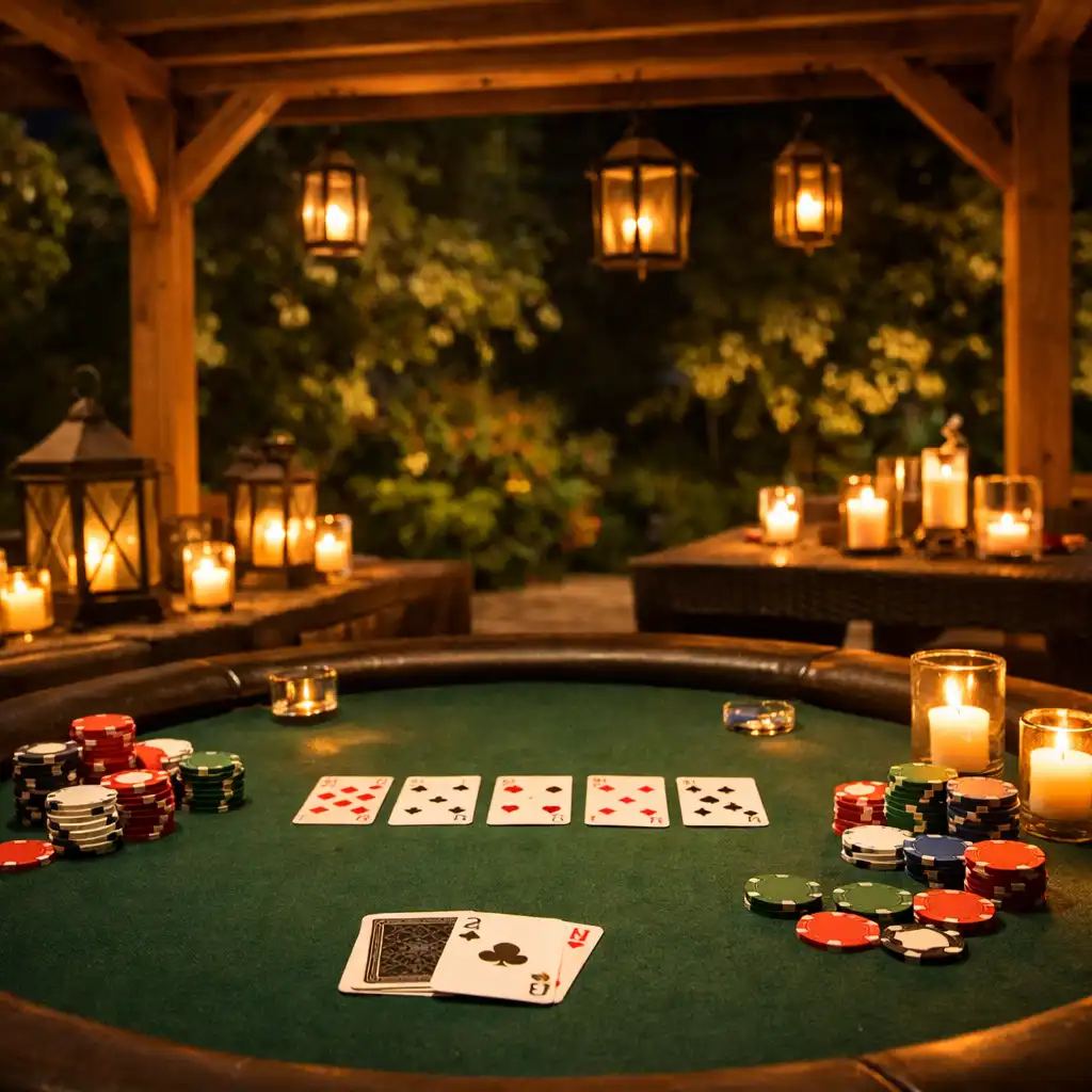 Noční zahradní terasa s dřevěnou pergolou, pokerovým stolem, kartami a žetony osvětlenými lucernami a svíčkami