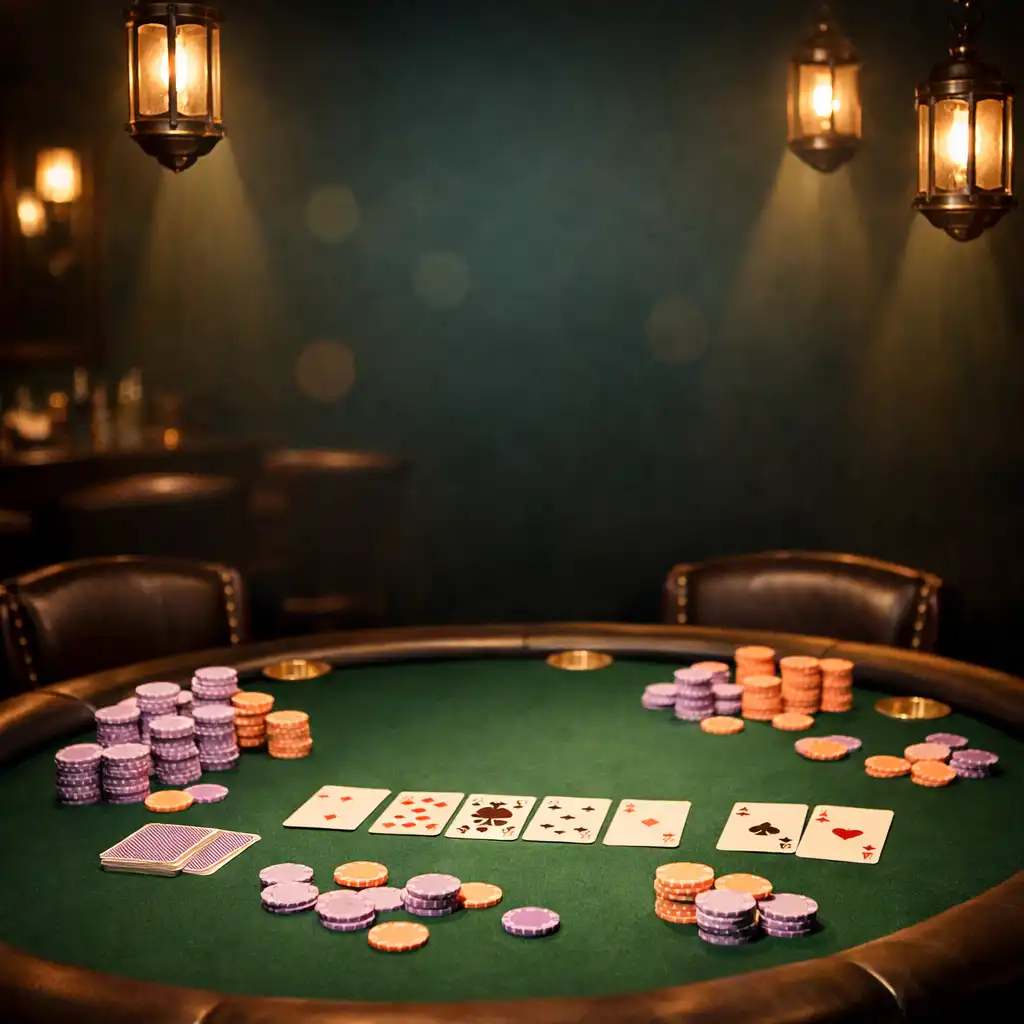 Elegantní pokerový stůl se zelenou plstí, kartami a žetony v meruňkových a levandulových tónech pod teplým světlem luceren