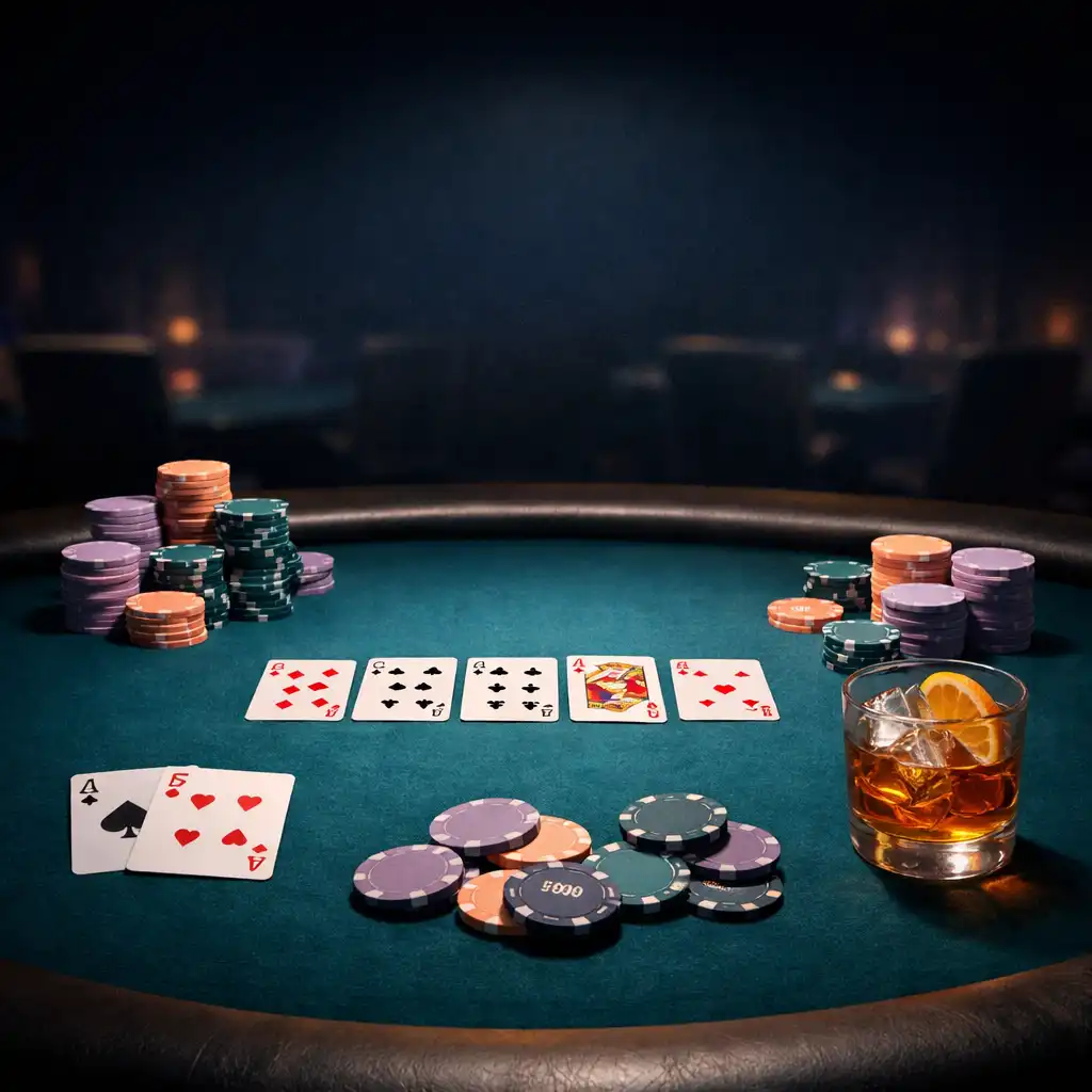Pokerový stůl s kartami a žetony v Poker Room
