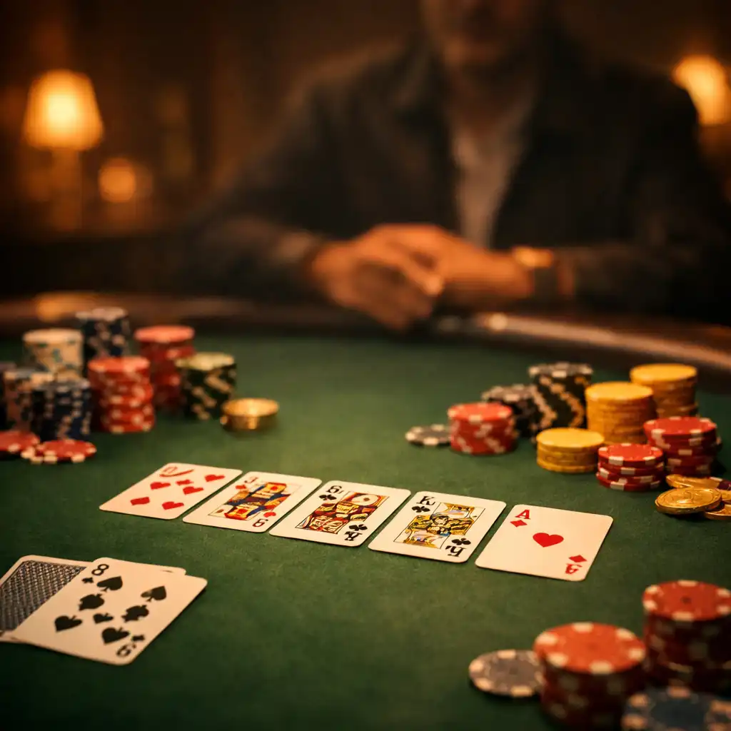 Pokerový stůl s kartami a žetony v teplém světle Poker Room