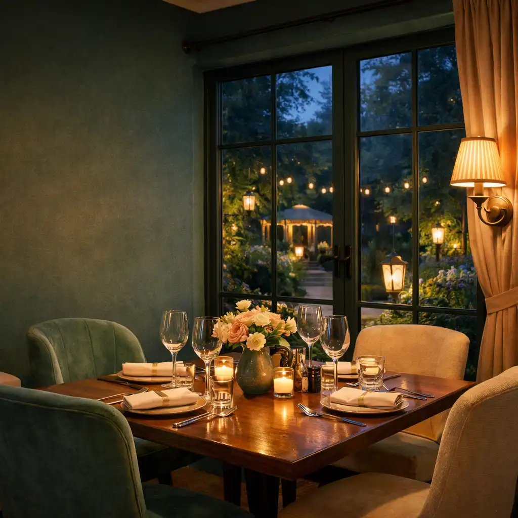 Interiér restaurace s výhledem do zahrady osvětlené lucernami