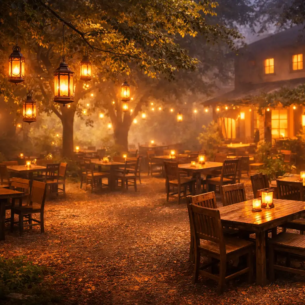 Atmosférický večerní pohled na zahradu restaurace s dřevěnými stoly a lucernami